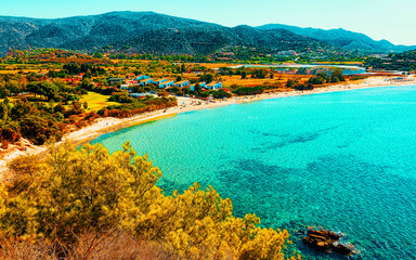 Landscape of Chia Beach and Blue Waters of the Mediterranean Sea in Province of Cagliari in South...