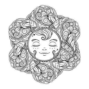 Black and white ornamental sun coloring page.