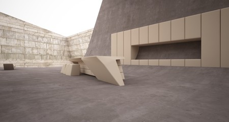 Abstract architectural concrete smooth interior of a minimalist house with swimming pool. 3D illustration and rendering.