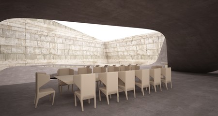 Abstract architectural concrete smooth interior of a minimalist house with swimming pool. 3D illustration and rendering.