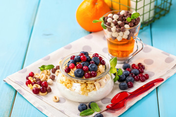 Yogurt with cereal and berries. Selective focus. Copy space