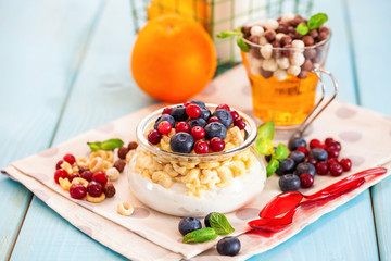 Yogurt with cereal and berries. Selective focus. Copy space