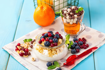 Yogurt with cereal and berries. Selective focus. Copy space