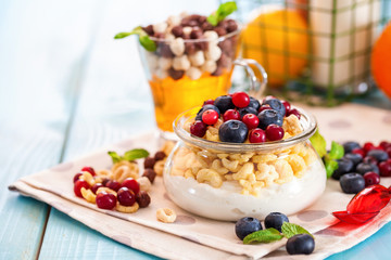 Yogurt with cereal and berries. Selective focus. Copy space
