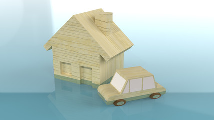 The home and car wood toy in water 3d rendering for flood content.