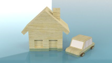 Obraz na płótnie Canvas The home and car wood toy in water 3d rendering for flood content.