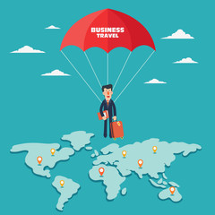 Successful business man with parachute over world map. Business travel vector concept