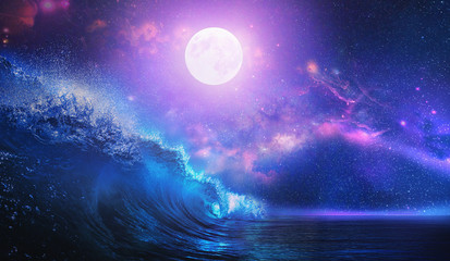 Beautiful night ocean scenery with surfing wave and full moon on tropical background