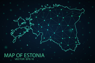 Wire frame 3D mesh polygonal network line, design sphere, dot and structure. communications map of estonia. Vector, Abstract mash line and point scales on dark background with Map of estonia.