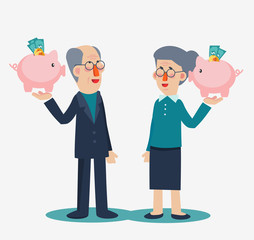 Elderly employee with a piggy bank. Saving money for retirement vector concept. Senior couple with piggy bank