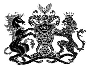 Fototapeta premium Heraldic emblem with black silhouette of lion and unicorn on white.
