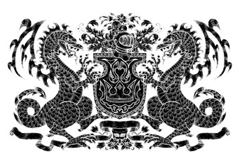Heraldic emblem with black silhouette of dragons holding shield on white.