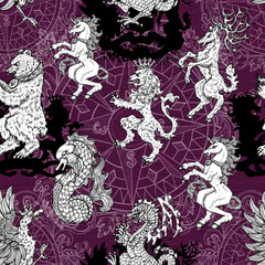 Seamless pattern with heraldic elements and creatures on purple background.