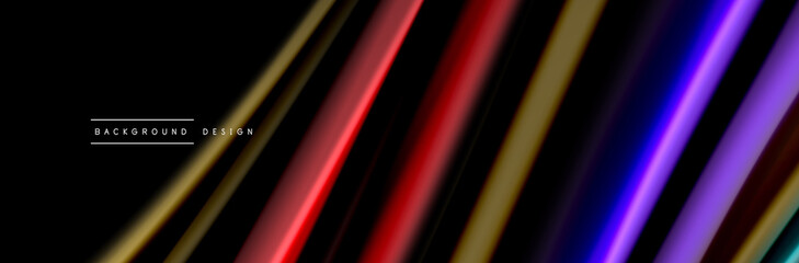 Silk and smooth flow wave poster design. Color waves, liquid style lines and shapes in black color background