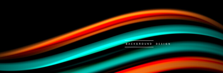 Silk and smooth flow wave poster design. Color waves, liquid style lines and shapes in black color background