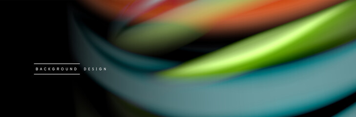 Silk and smooth flow wave poster design. Color waves, liquid style lines and shapes in black color background