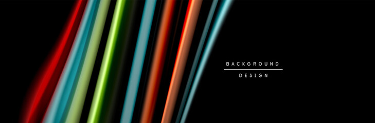 Silk and smooth flow wave poster design. Color waves, liquid style lines and shapes in black color background