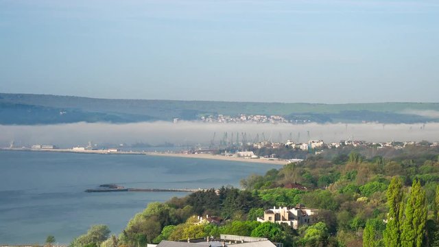Trading port in Varna, Wrapped in the morning mist. Time-lapse