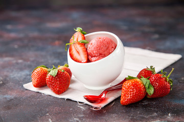 Ice cream, strawberry sorbet on a table. Selective focus. Copy space