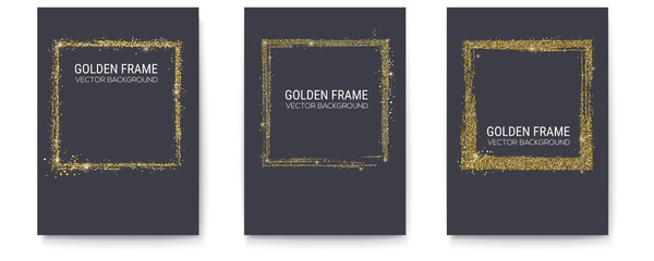 Set of posters with abstract frame in grange style. Brush stroke the perimeter of the frame with golden dust and different pattern. Vector illustration, eps10.