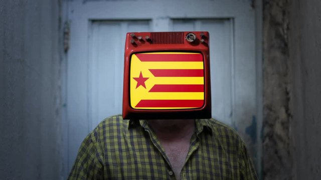 A Red Estelada Flag on the TV Head of a Man. 