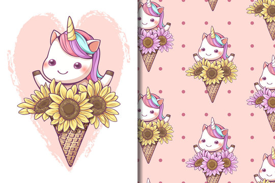 Seamless Pattern And Wallpaper Template Cute Ice Cream Cone Unicorn With Sunflower Set. Kawaii Character Cartoon Design For Screen Wallpaper Social Media And Gift Wrapping Pattern.