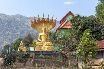 Meditation Buddha statue under blue sky with trees around