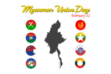Myanmar Union day on February 12; flag of eight ethnic groups on both sides of Myanmar map.