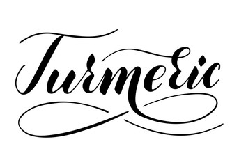 Vector hand written turmeric text isolated on white background. Kitchen healthy herbs and spices for cooking. Script brushpen lettering with flourishes. Handwriting for banner, poster, product label