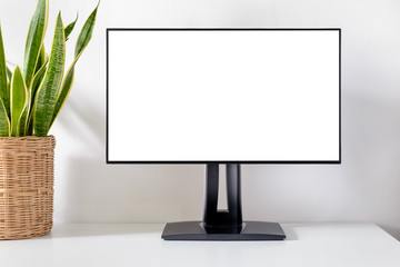 Blank desktop monitor on table with green houseplant