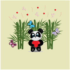 Little Panda holding a big red heart, romantic illustration, light green background, vector