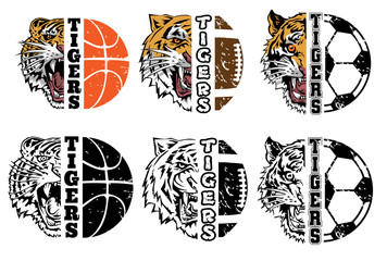 Tiger face head half soccer basketball  american football vector graphic clipart design