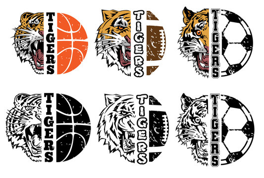 Tiger face head half soccer basketball  american football vector graphic clipart design