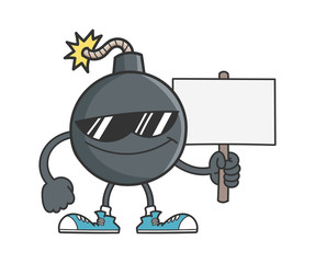 bomb cartoon with sunglasses holding sign
