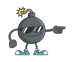 bomb cartoon with sunglasses pointing
