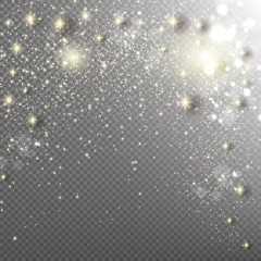 The dust sparks and golden stars shine with special light. Vector sparkles on a transparent background. Christmas light effect. Sparkling magical dust particles