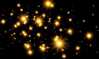 The dust sparks and golden stars shine with special light. Vector sparkles on a transparent background. Christmas light effect. Sparkling magical dust particles