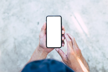 Mockup image blank white screen cell phone.woman hand holding texting using mobile background empty space for advertise text.people contact marketing business,technology 