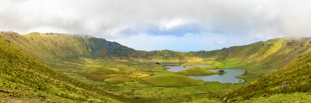 A stunning panorama of the massive Corvo Caldera on the island of Corvo in the Azores, Portugal.