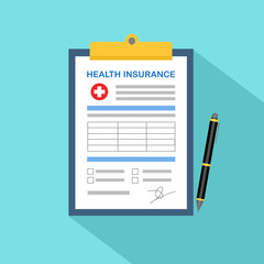 Health insurance clipboard with medical cross and pen. Health insurance claim form. Flat design vector illustration.