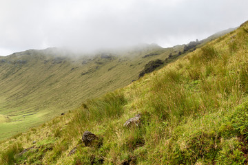 The northern rim of the Corvo Crater on the island of Corvo in the Azores, Portugal.