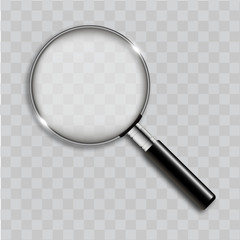 Realistic magnifying glass on transparent background. Vector