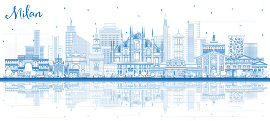 Fototapeta premium Zarys panoramę miasta Mediolan Włochy z niebieskimi budynkami i odbiciami.