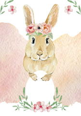 Watercolor Easter rabbit. Hand drawn cute animal forest anf flowers. Watercolor painting funny bunny, honey. Baby animal illustration for greeting card, wedding card, baby shower, party card.