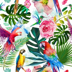 Panele Szklane Podświetlane  bezszwowy egzotyczny kwiatowy wzór z papugami