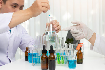 Research and development concept, Laboratory scientist working at lab with test tubes about medicine