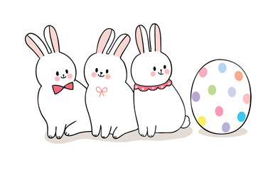 Cartoon cute Easter day rabbits and colorful big egg vector.
