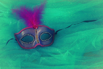 Photo of elegant and delicate pink and purple Venetian mask over mint chiffon background
