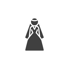 Bride in wedding dress vector icon. filled flat sign for mobile concept and web design. Woman in wedding dress glyph icon. Symbol, logo illustration. Vector graphics