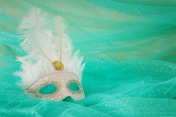Photo of elegant and delicate white Venetian mask over mint chiffon background